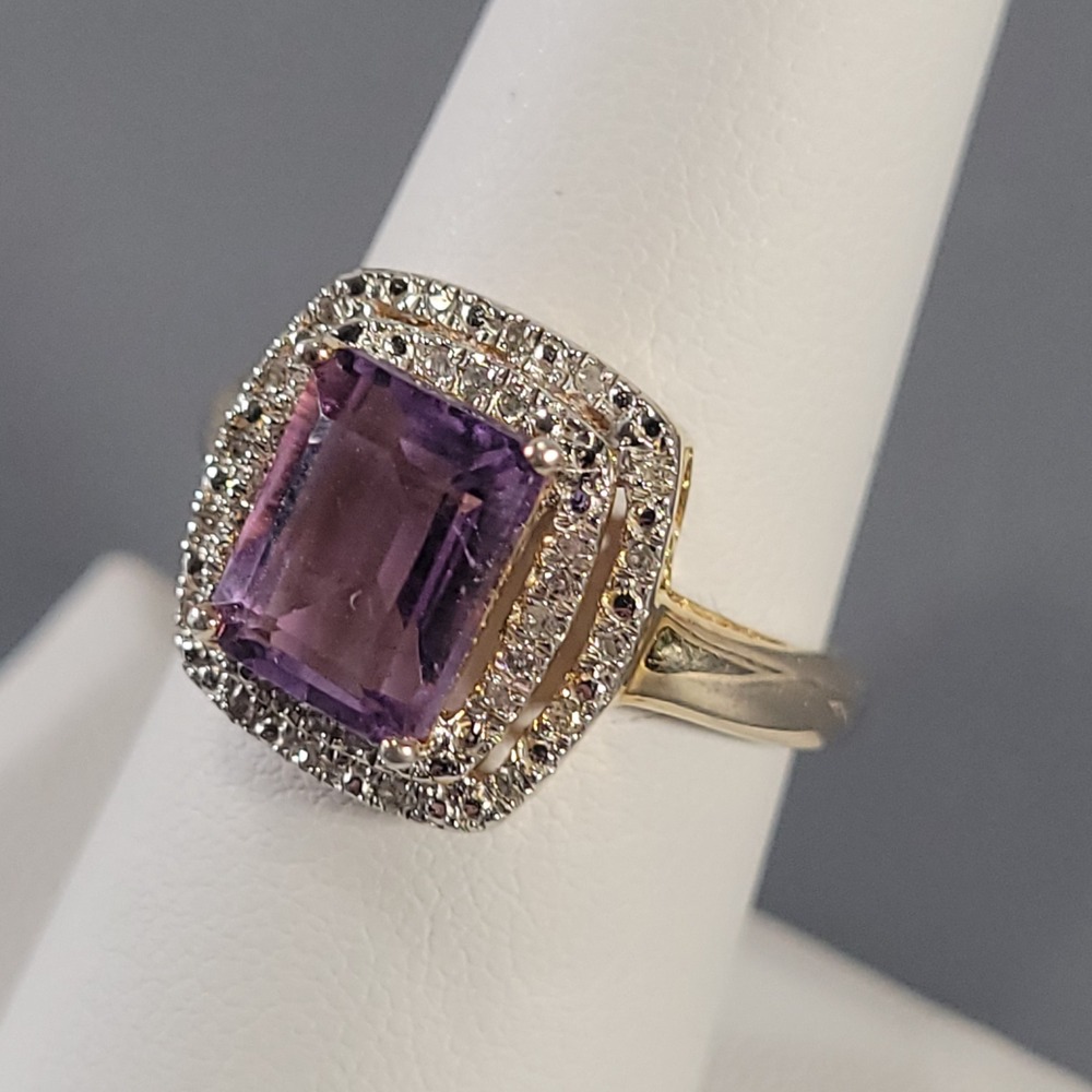SAI Amethyst Ring Women Size 7 Gold Vermeil Sterling Silver Emerald Cut Halo